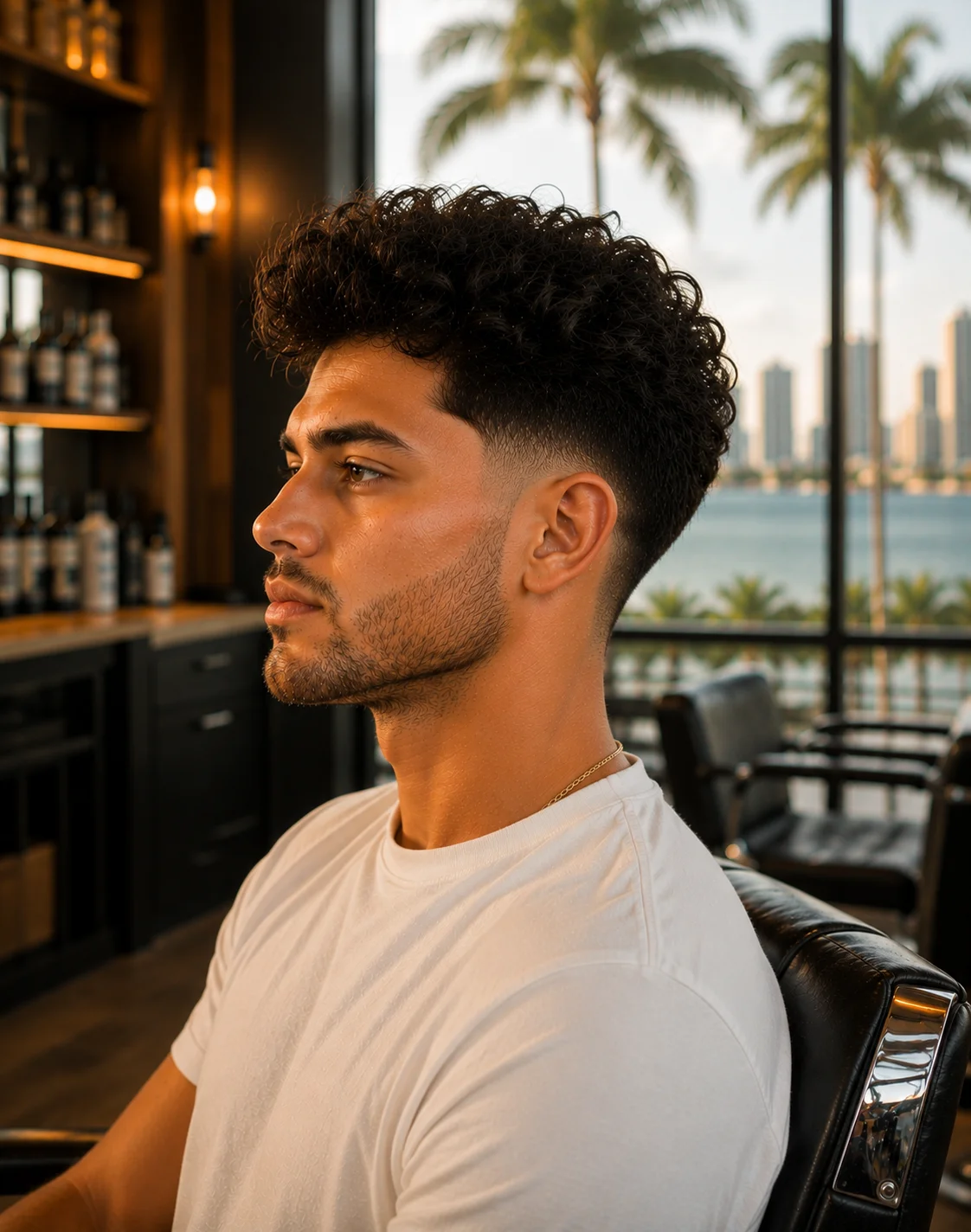 Blowout taper curly hair — side profile showing naturally curly hair with full volume on top and clean mid taper