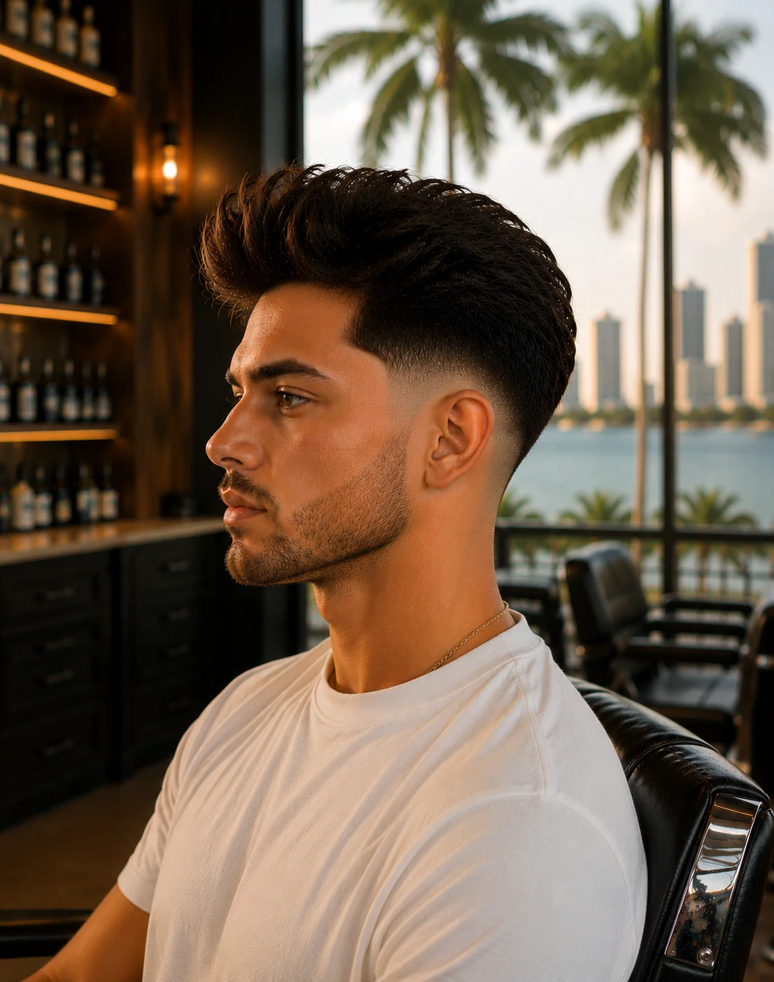 Blowout taper haircut with full blow-dried volume on top and clean mid taper on sides fresh from the barber