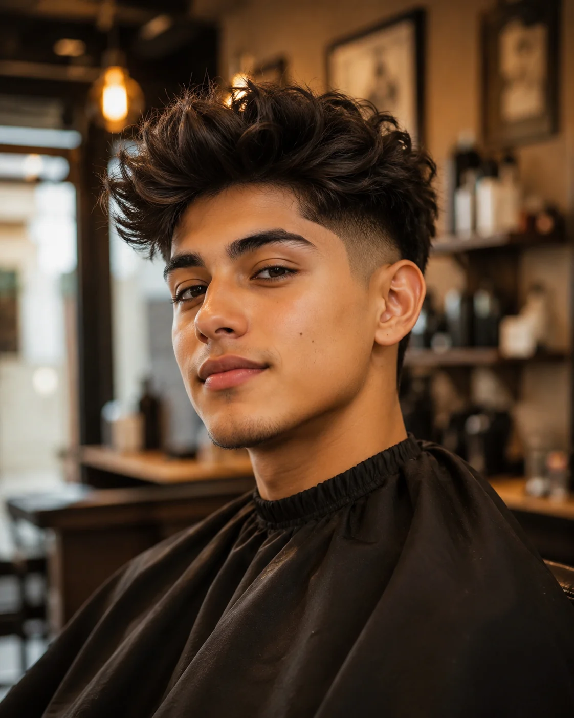 Blowout taper haircut with voluminous textured top and clean taper fade