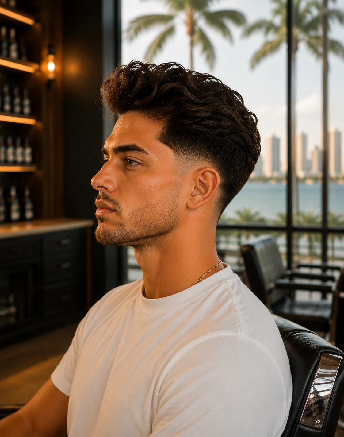 Blowout taper wavy hair — side profile showing thick wavy hair with natural movement and volume on top with clean mid taper