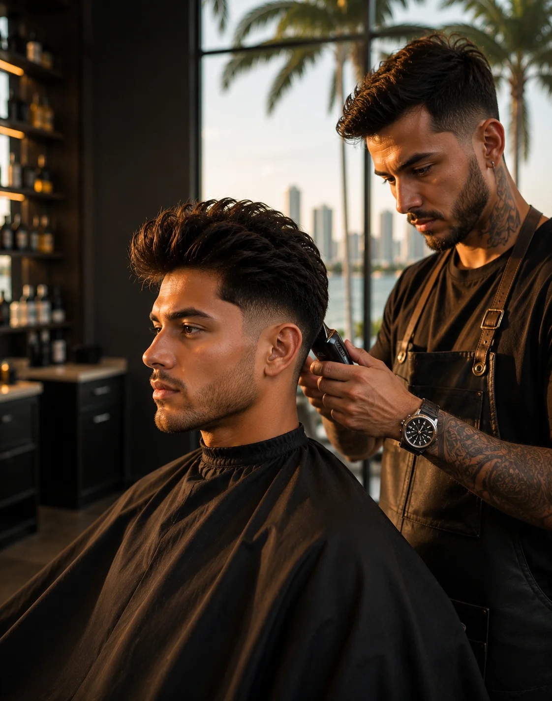 How to ask for a blowout taper — client in barber chair with barber finishing a mid blowout taper