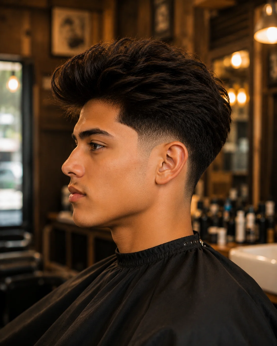 Low blowout taper side profile with subtle fade above the ear