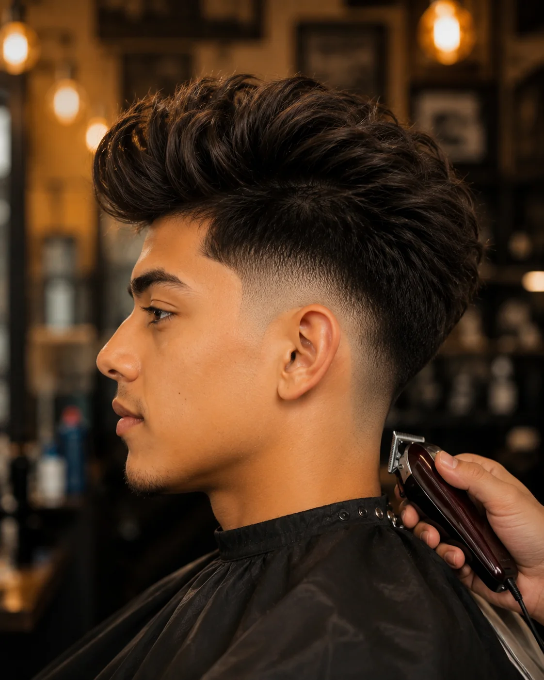 What is a blowout taper haircut shown on a client with a full styled top and clean taper