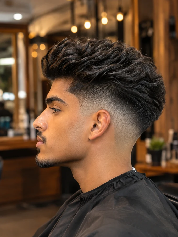 Side profile of a blowout taper fade haircut showing the skin fade at the neckline and voluminous blown-out top