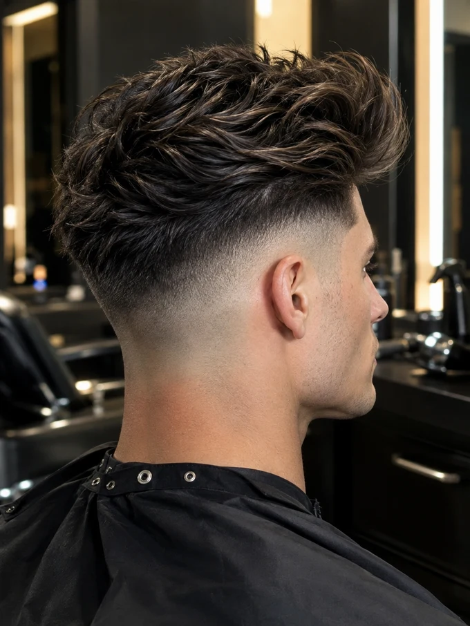 High blowout taper fade, back three-quarter angle, fade starting near the part line with dramatic top volume