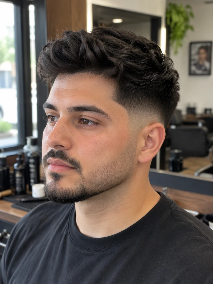 Low blowout taper fade, three-quarter angle, fade starting above the ear with a textured wavy top