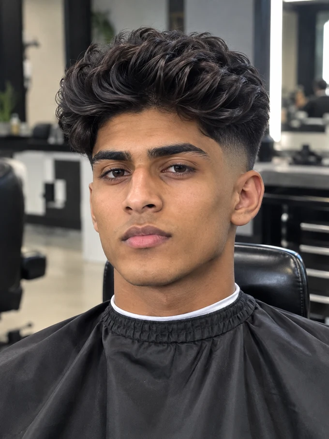 Mid blowout taper fade, front-facing view, fade starting at the temple with a curly voluminous top