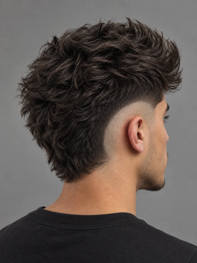 Burst fade from behind on the same model, showing the arc curving around the ear without extending into the nape