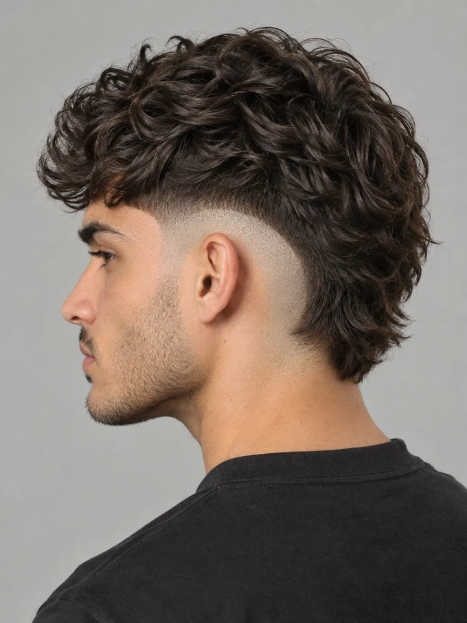 Blowout taper vs burst fade, three-quarter angle showing the burst fade's arc curving around the ear before fading out at the nape