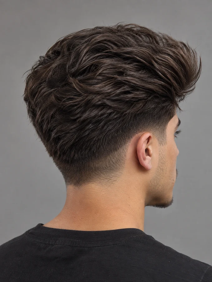 Blowout taper from behind, showing the straight linear fade line running parallel to the hairline