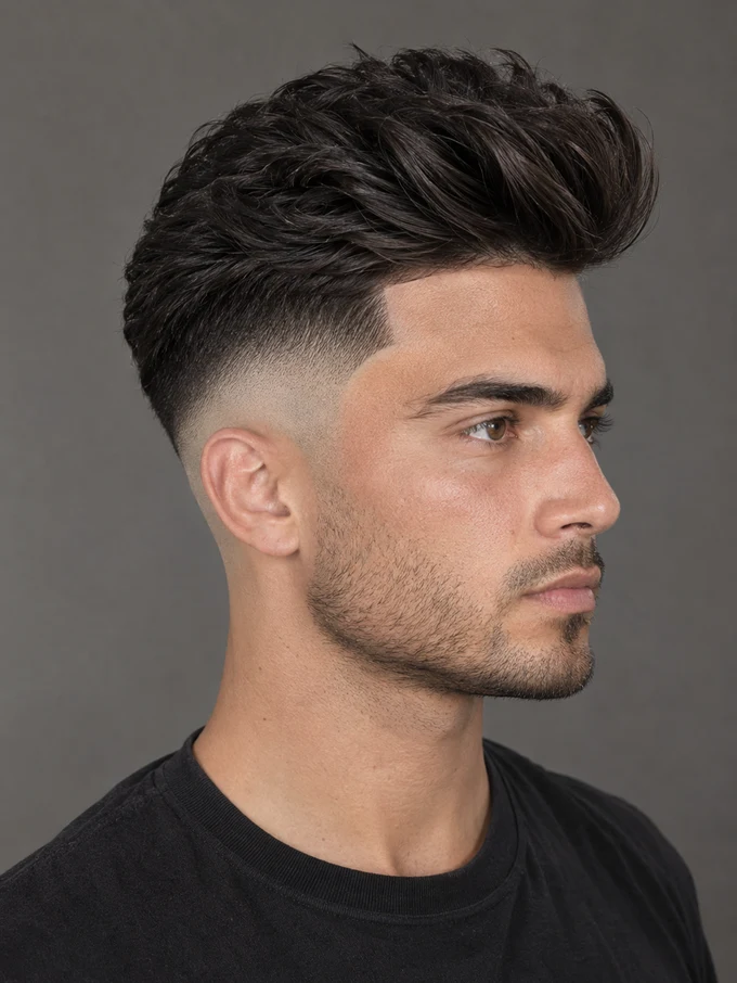 Taper fade side profile on the same model showing a skin fade line at the temple against the same voluminous top