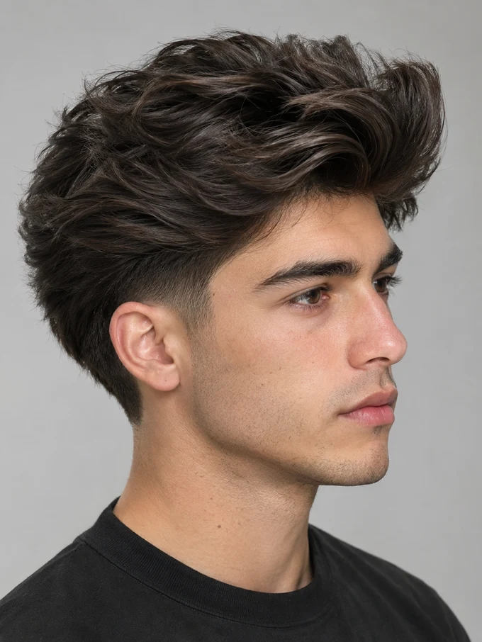 Blowout taper vs taper fade, side profile showing clean mid taper with full volume on top, same model featured in the comparison below